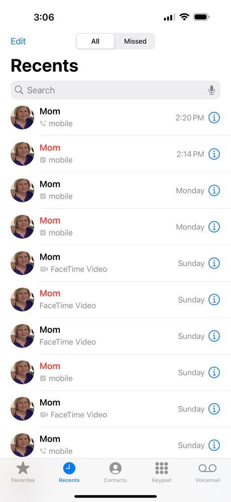 Recent calls, all from mom