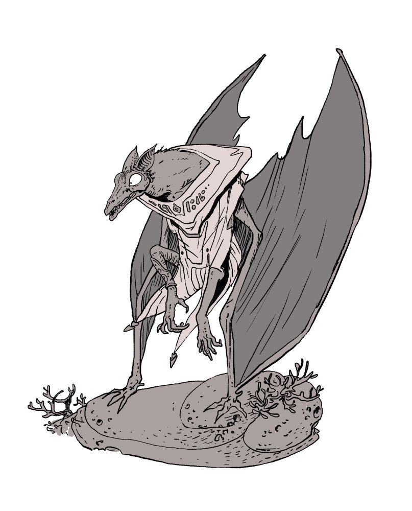 A bat-like alien sophisticated, black and white illustration