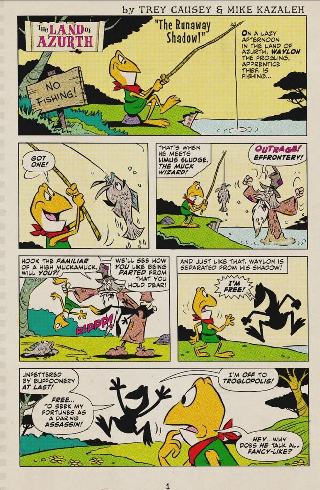 Comics page, the "Runaway Shadow" a Land of Azurth comic by Trey Causey and Mike Kazaleh about a frogling who has his Shadow removed by a Wizard.