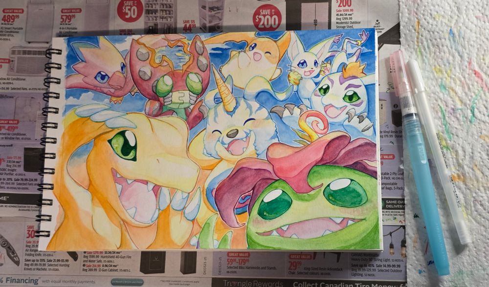 Watercolour painting of the original digimon cast: agumon, palmon, gabumon, piyomon, tentomon, gomanon, patamon, gatomon, posing for a selfie.