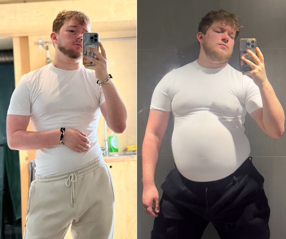 weight gain contrast pic with a big ol tubby gainer who has branded ineffectively as a dog with a white tee that is holding on by a thread from how much fat dog belly is packed into it