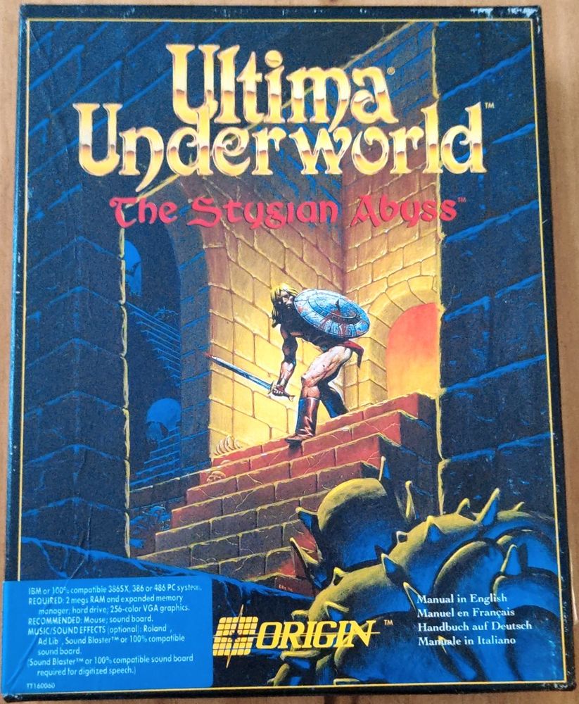 Cover art: a muscular warrior is descending a stone staircase, holding a sword and a bloodied shield. At the bottom of the staircase, a menacing horned figure stares at him from the dark.