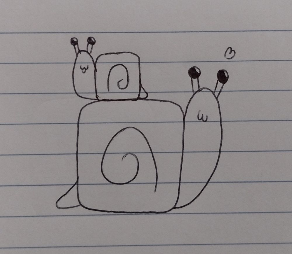 A sketch of a cute little snail sitting on top of the shell of a bigger snail.