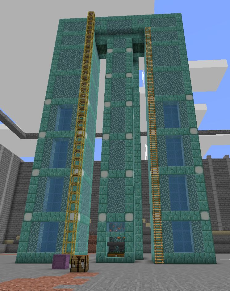Minecraft screenshot from marcoiscool unveiling their functional guardian farm made up of three tall chambers build out of prismarine blocks