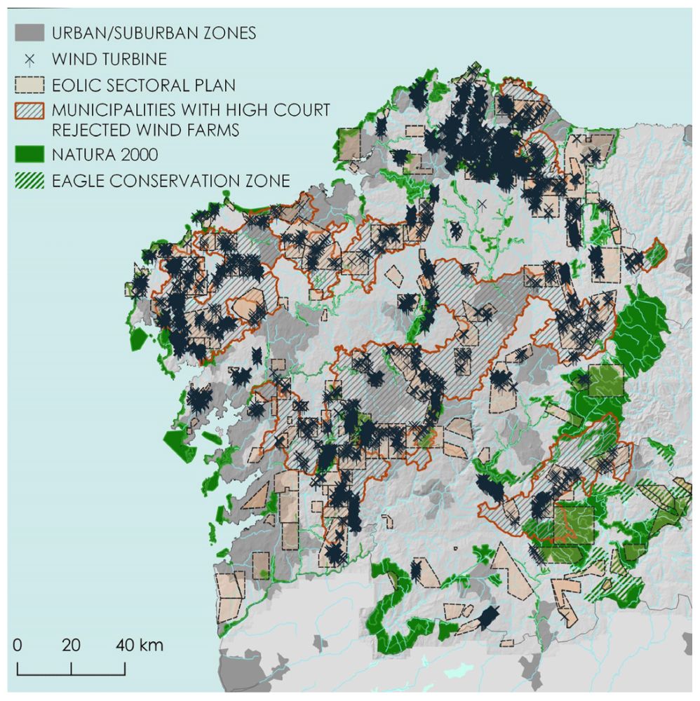 Eolic sectoral plan with existing wind turbines (icons) and proposed zones for future development (dotted lines and light orange fill). Dark grey zones represent the rural and urban/suburban areas