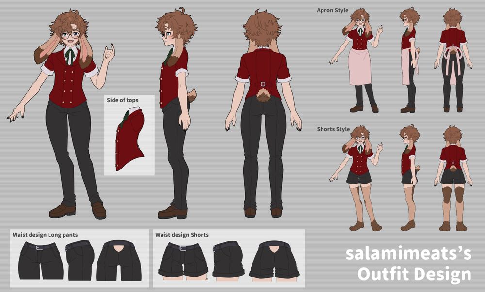The official Meats reference sheet that has Meats without apron, with apron, and shorts to show off his bunny legs. There is also a section showing the close-ups of the pants and shorts.