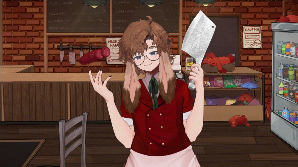 Meats in the deli holding his cleaver and floating salami with one slice smiling at you