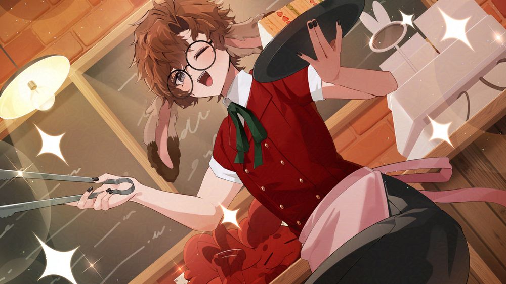 Meats in the Deli and holding a tray of sandwiches, winking at you and smiling while he holds metal tongs. Lami is laying on the counter and scratching their ear and there are sparkles around them both.