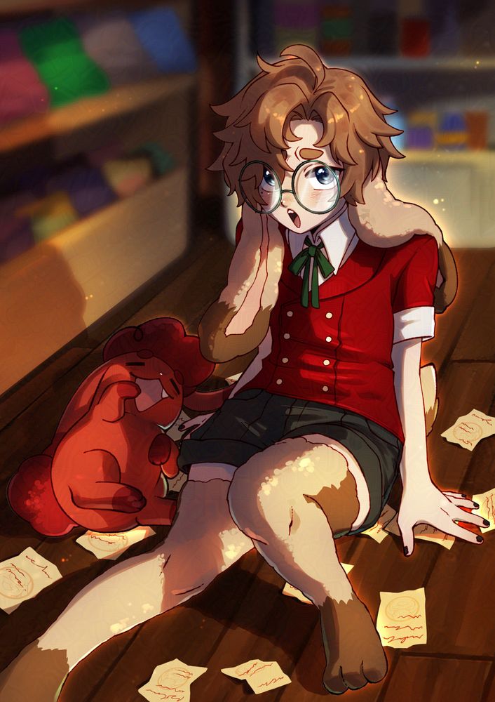 Meats slipped in the deli and is gasping at you a little with furrowed eyebrows, looking cute and embarrassed. There are order tickets scattered on the floor. Next to Meats, Lami is being cute and posing like they totally tripped/slipped too.