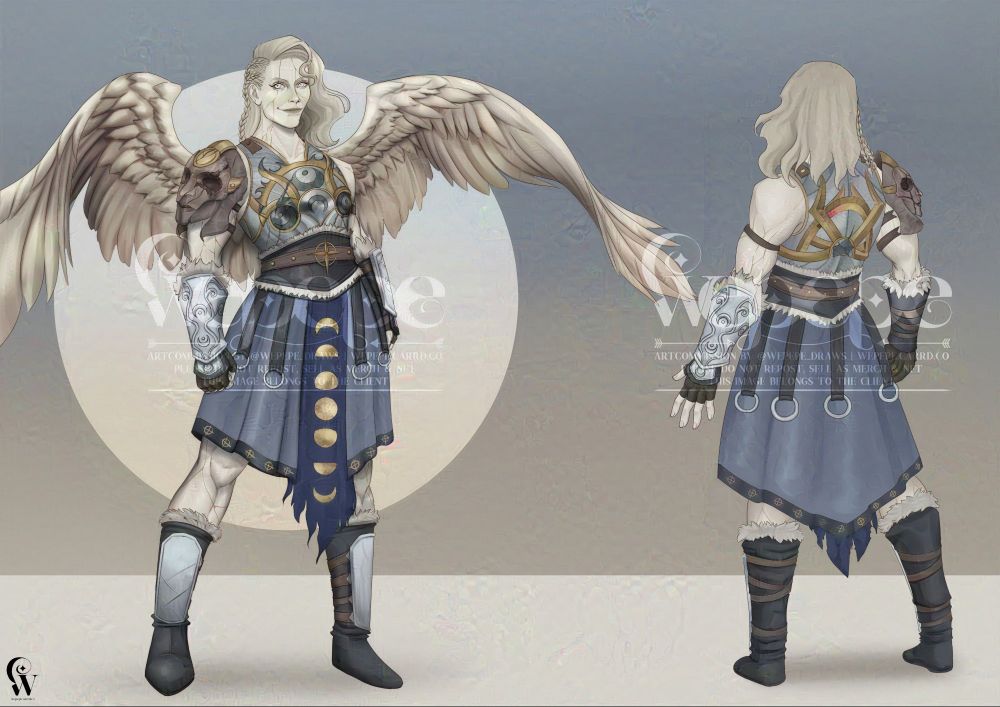 character design for dungeons and dragons play. 
A barbarian aasimar, Selunite, taking inspiration design from Shadowheart's armor, and Aylin from Baldur's Gate 3