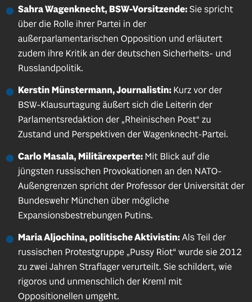 Gäste bei Lanz. 
Wagenknecht 
Kerstin Münstermann 
Carlo Masala
Maria Aljochina