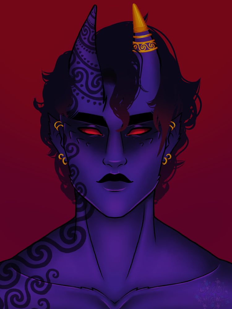 Bandit, purple Tiefling (Probably from the shadow fell or the abyss, haven't fully decided), he has spiral tattoos, carving in his horn, and has golden jewelry!