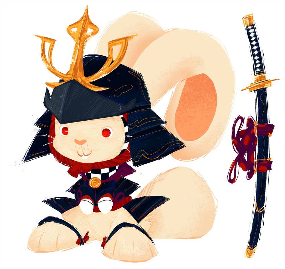 A white, toony rabbit with red eyes, wearing custom-fitted o-yoroi Samurai armour. His katana is depicted to his right.