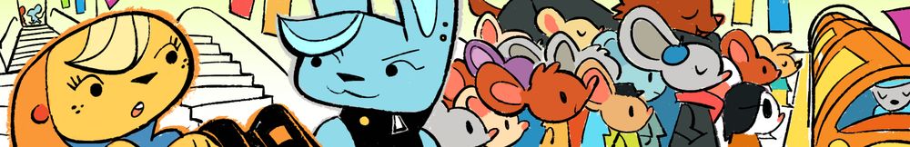 Two cartoon anthro bunnies on the subway, one yellow and the other a grey-blue. They stand alongside a platform full of colourful and cartoon anthro mice, as a train pulls up.