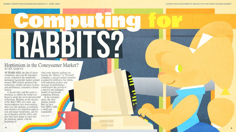 Colourful magazine spread, illustrated with a cartoon anthro rabbit in a dress using an vintage computer terminal. The headline text reads: 'Computing for RABBITS?'