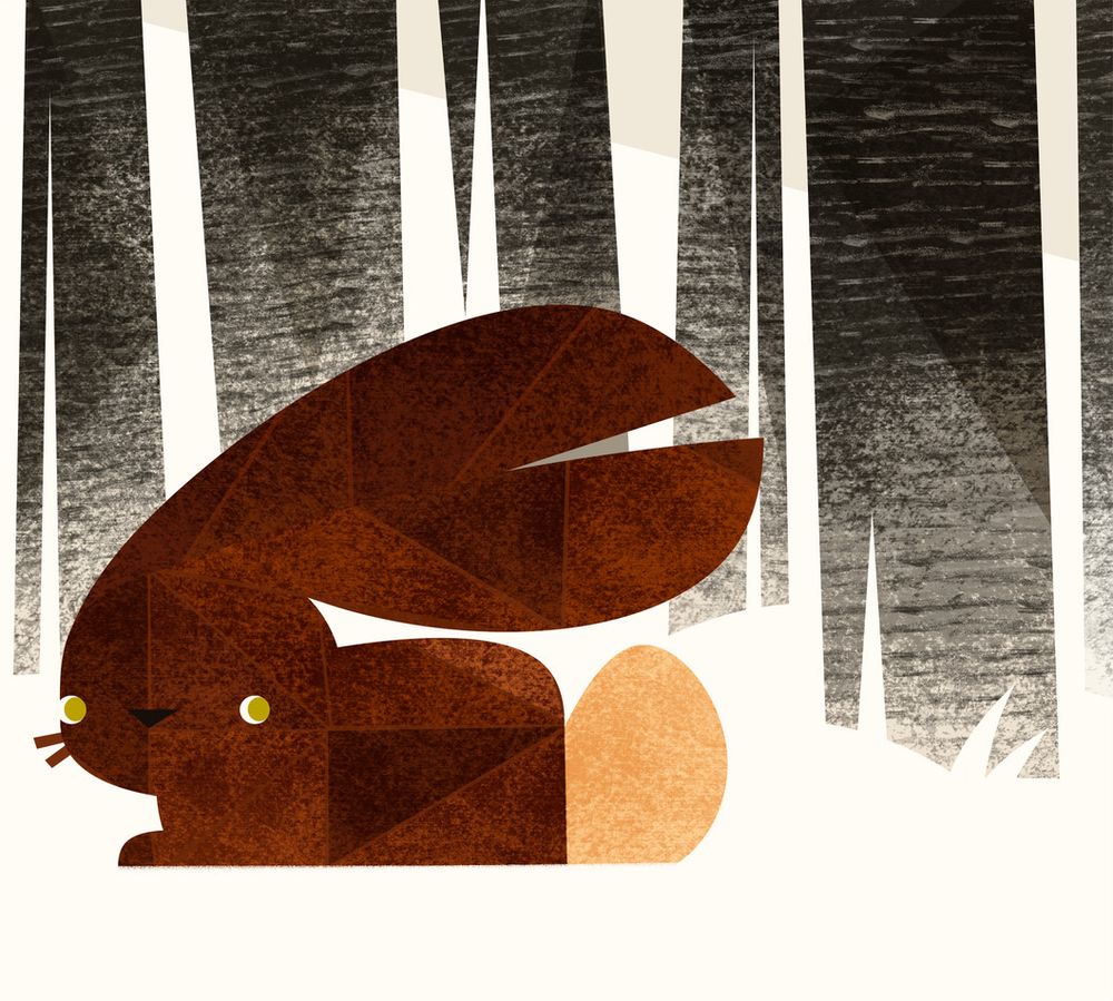 A brown, stylised rabbit with large ears sits in the snow, surrounded by trees.