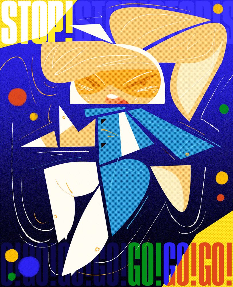 Stylised retro 60s cartoon of an anthro rabbit secret agent striking a pose. The text reads: "Stop! Go! Go! Go!"