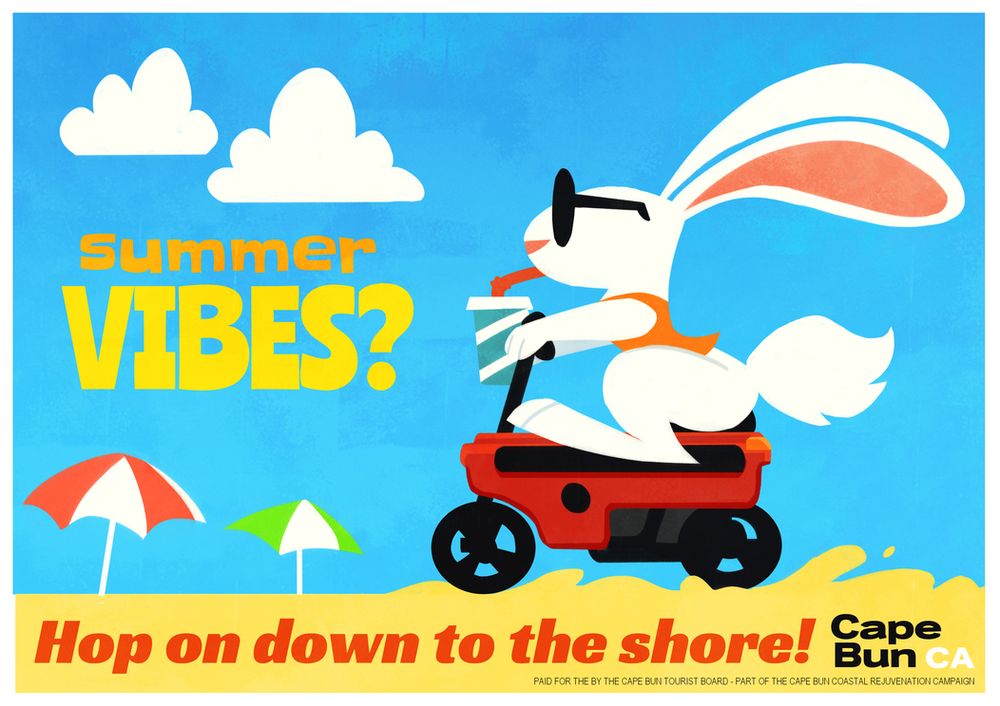 A poster shopwing white cartoon bunny in sunglasses riding a motocompo on the beach. The poster's text reads "Summer vibes? Hop on down to the shore! Cape Bun, CA"