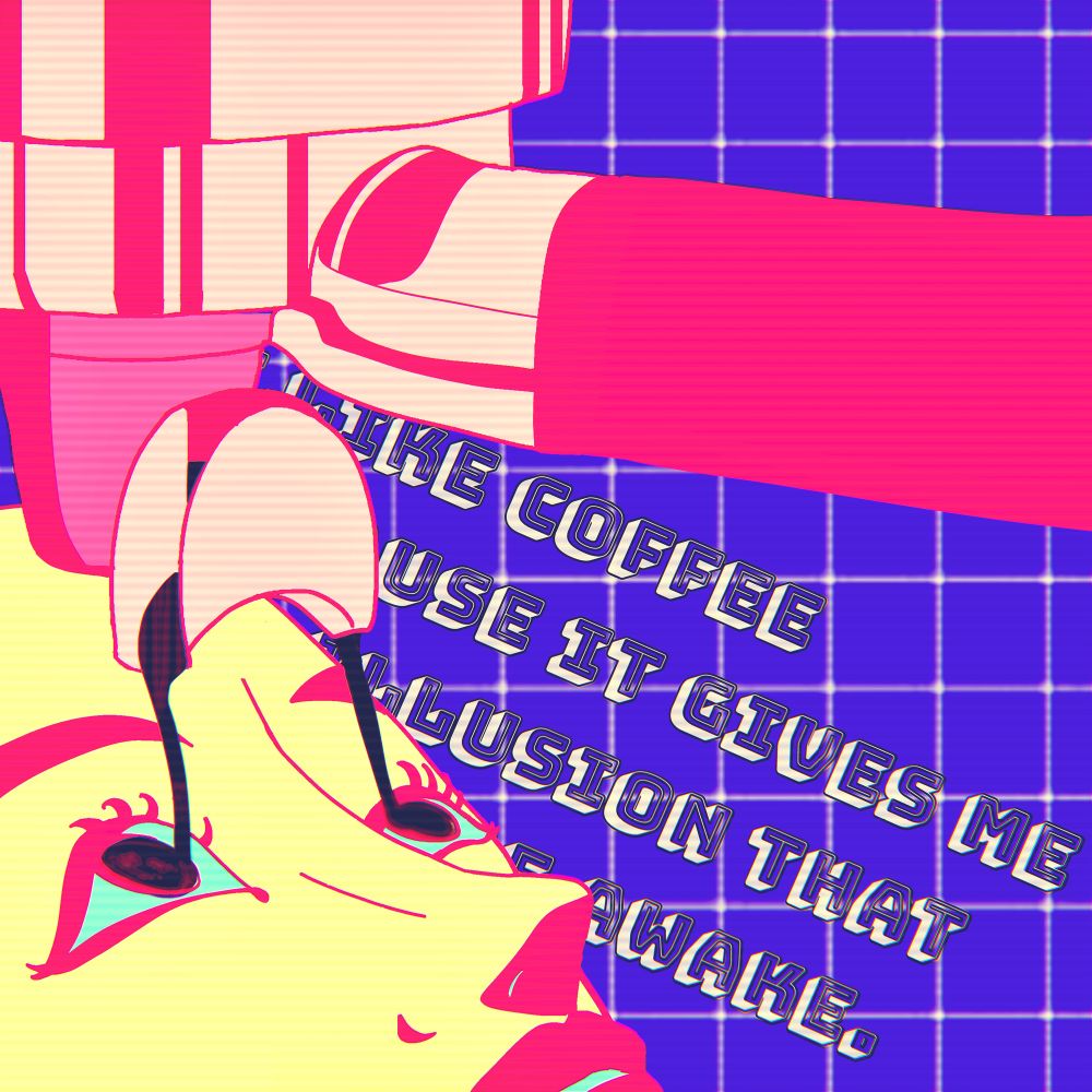 イラストのタイトルは『目覚めのコーヒー』です。
上を見上げた人間の顔に対して、コーヒーメーカーからコーヒーが注がれています。
背景には、
I like coffee because it gives me the illusion that I might be awake. 
というコーヒー愛好家の言葉が書いてあります。