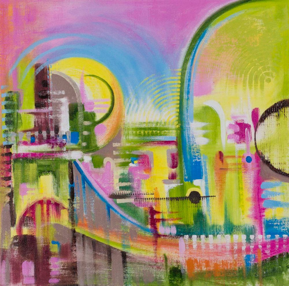 A vibrant abstract cityscape from my head. Loosely suggested buildings,  bridges, fences, and arches in mostly hot pink, green, and blue.