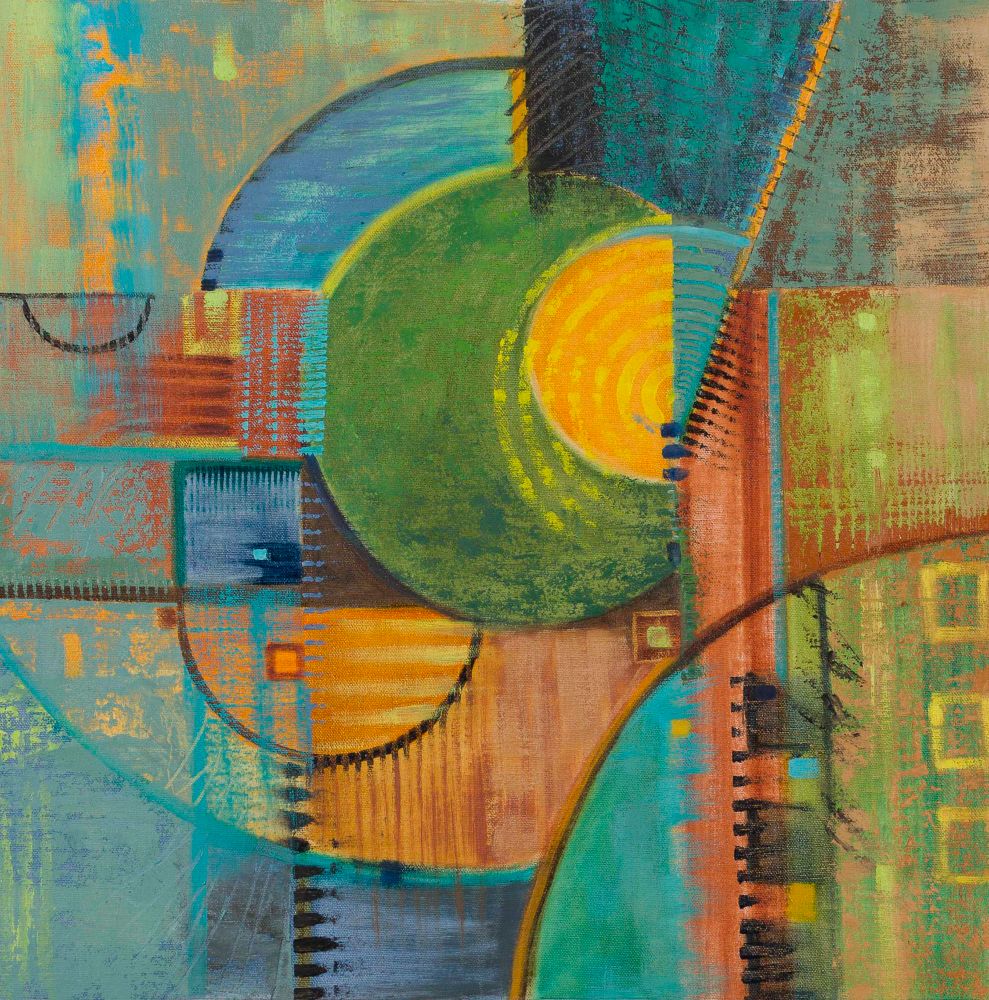 An abstract painting in earth and water tones and geometric forms. 