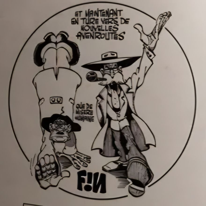 Illustration de gotlieb à la fin des album ragnagna. Les 2 héros s'avancent. En ture vers de nouvelles avenroutes, dit le poète. 