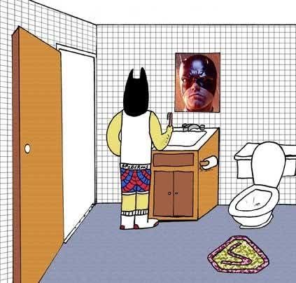 Batman looks in his bathroom mirror & daredevil looks back (drawing)