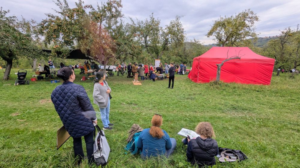 Sketchers at an apple orchard with red tent, photo by Gwendolyn Holbrow, 2025