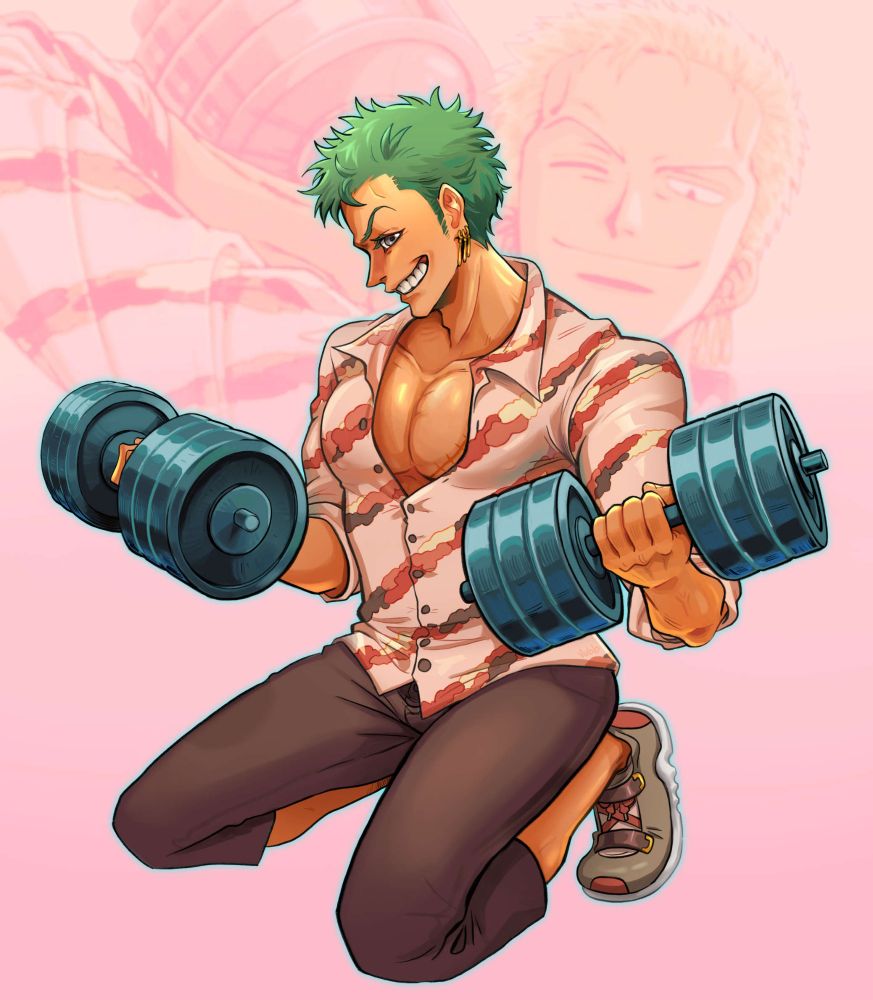 Roronoa Zoro with two dumbbells. Full body. Silly canon(?) image of him faded in the background.