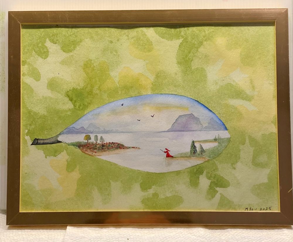  This portal was created with a large Magnolia leaf from a neighbors yard.  The painting is 9x12 so this is a fairly large portal! The camouflage surround is created by overlaying real leaves and different stages, and misting them with watercolor paint. 