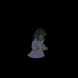 A goblin-character with a cage-thing over her head. A simple idle pose.