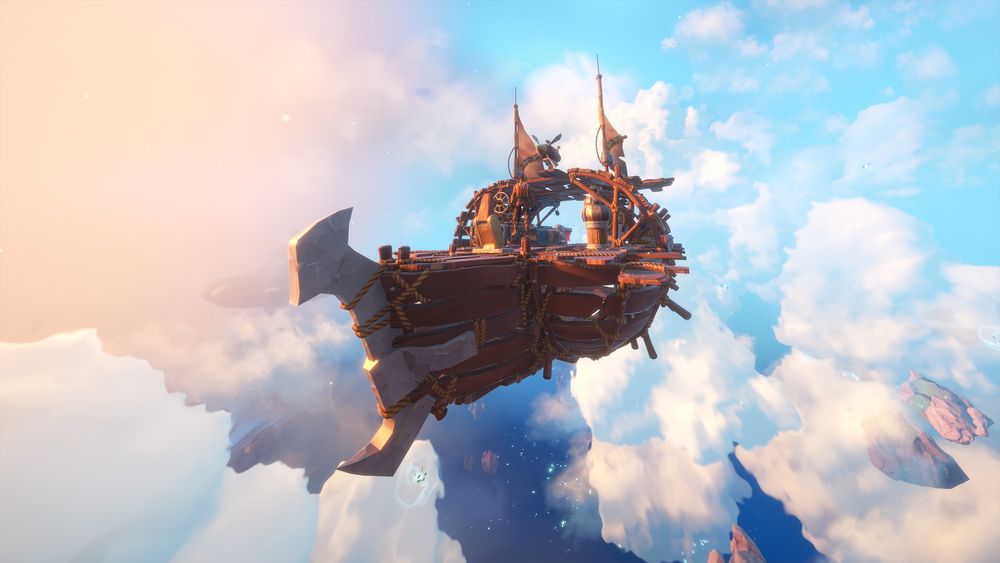 A makeshift airship with a crude bow, sails, and rope bindings floats high above the clouds, bathed in warm sunlight. The sky transitions from a soft peach glow on the left to a bright blue on the right, with distant floating islands visible below.