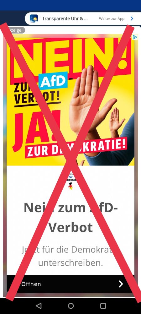 Google-Werbung des Junge Freiheit Verlags mit Aufruf, gegen ein #noAfD-Verbot zu stimmen.