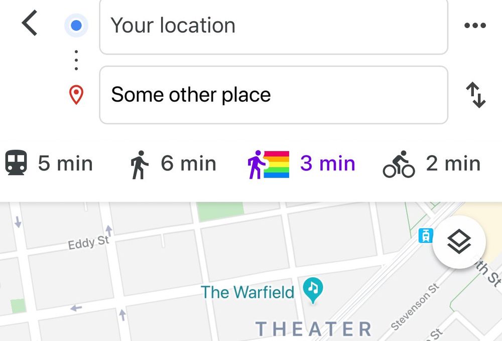 Altered google maps image to include a time estimate of 3 mins for walking at rainbow speed