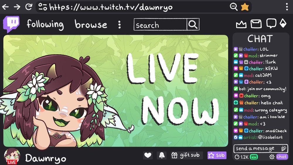 Drawing of the twitch user interface. Where the stream should be is instead a chibi girl with flowers in her brown hair, white animal ears, and little horns. Beside her, on a green background, are the large letters, 'LIVE NOW'. Image by Lizabelart.