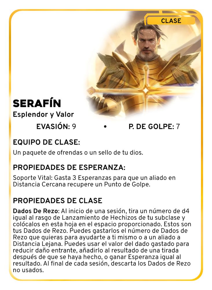 Carta para el juego Daggerheart. con información básica de la clase de personaje Serafín
