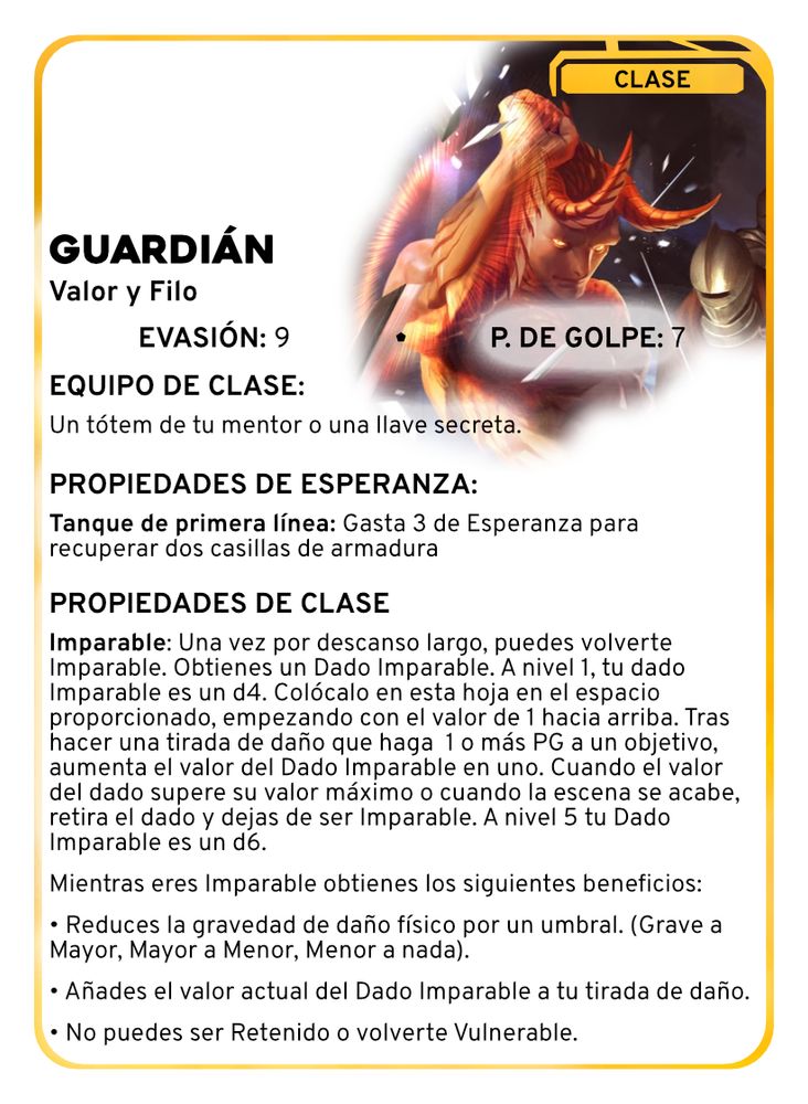 Carta para el juego Daggerheart. con información básica de la clase de personaje Guardián