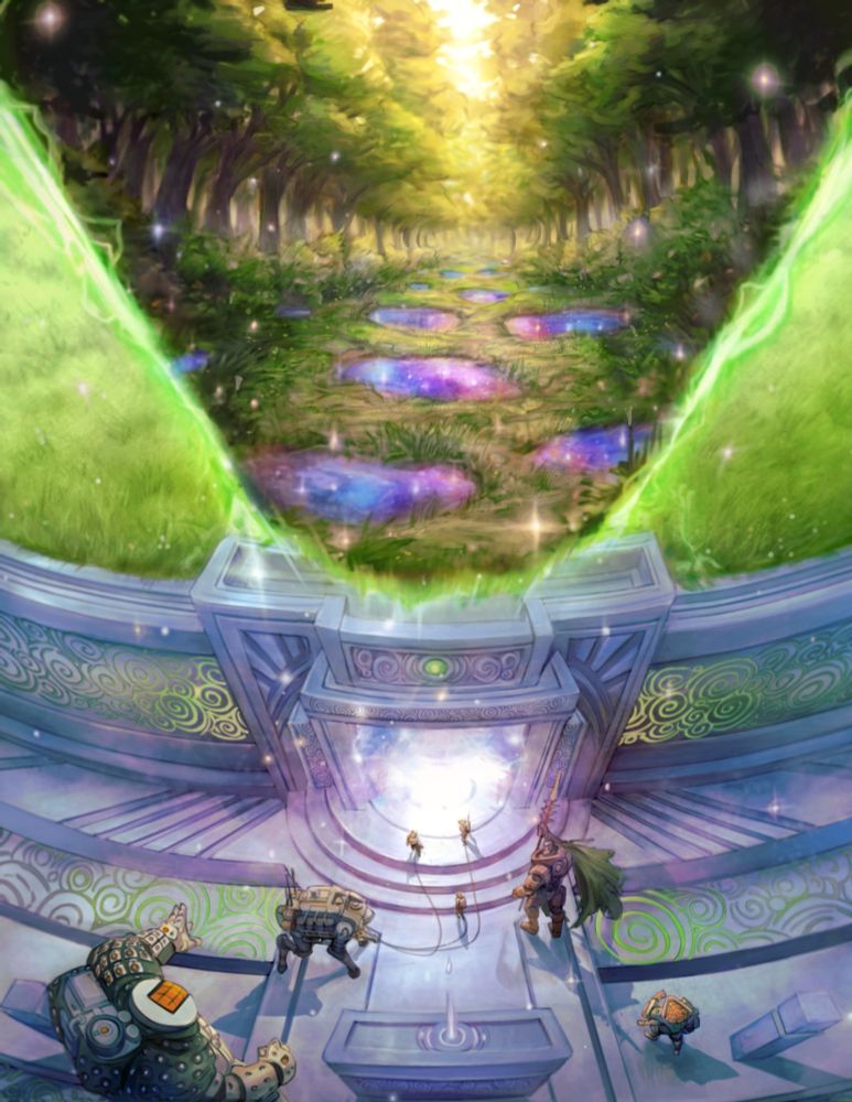 Four mechs staring at a barrow, from which light is spilling and portals into a sunlit forest can be seen.