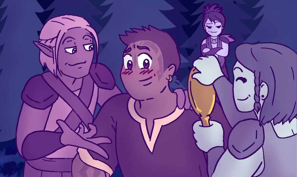 A digital illustration showing characters from the game Dragon Age Origins. Leliana and Zevran stand on either side of the Grey Warden character, who in this case is a chubby, handsome male Dwarf with face tattoos and no beard. Zevran has one hand on the Warden's shoulder and is gesturing with the other hand as though to show something off. He looks self-satisfied and affectionate. Leliana, meanwhile, is holding up a golden hand mirror towards the Warden with a friendly smile, so that he can see the small gold hoop earring now in his left ear. The warden blushes bashfully, and smiles at his reflection in the mirror. In the distant background of the shot, Morgan stands with her arms crossed, looking at the scene before her with an affectionate smirk.