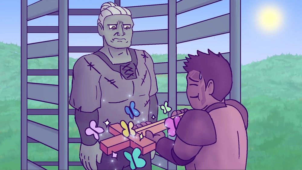 In this image, the warden stands in front of a large open cage, sheepishly offering a longsword surrounded by sparkling rainbow butterflies to Sten, who is standing in the cage. Sten narrows his eyes and frowns deeply at the sword.