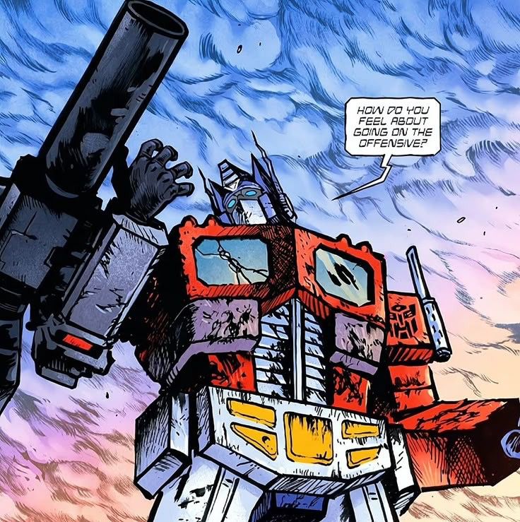 A comic image of Optimus Prime with Megatron’s fusion cannon arm replacing his own.