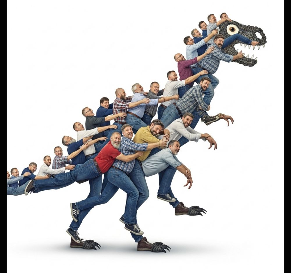 Imagine a somewhat passable painting of what I described against a white backdrop, with a few T. rex feet and hands and jaw features, rest is middle aged white guys. Why they are all one race is a sad defect of the training data for this model, apparently.