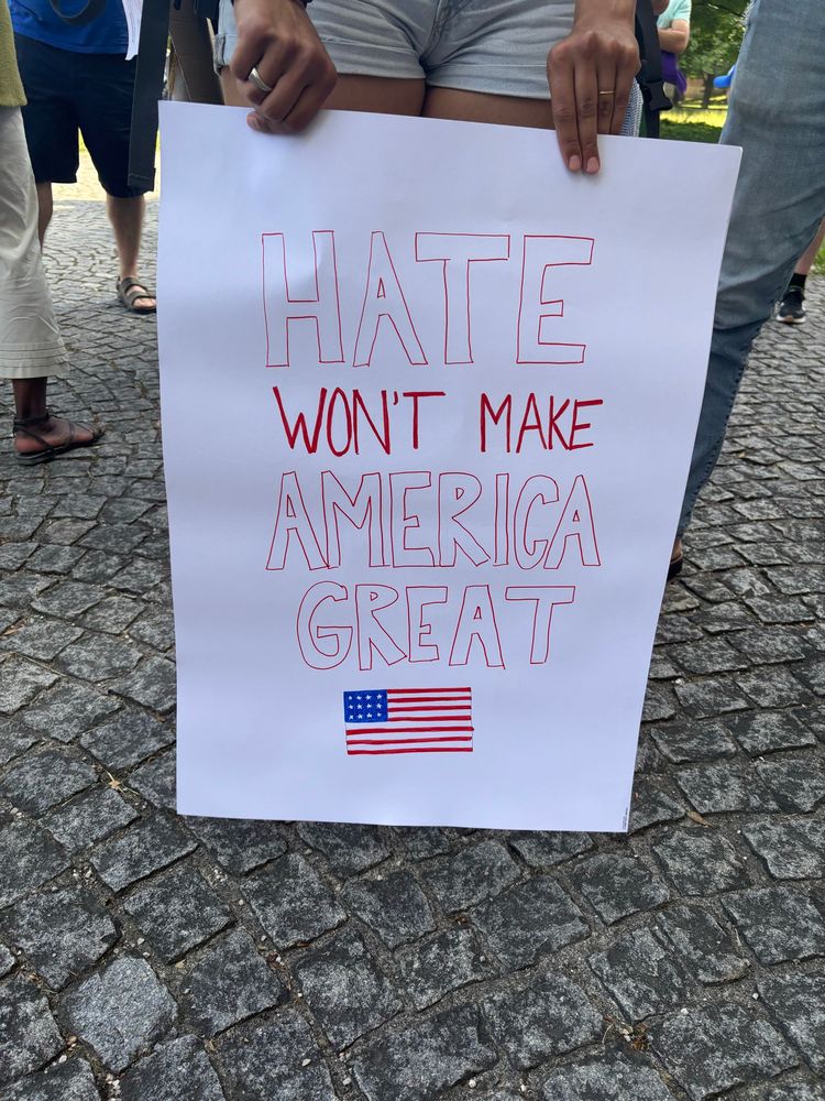 Protest sign reads “Hate won’t make America great”