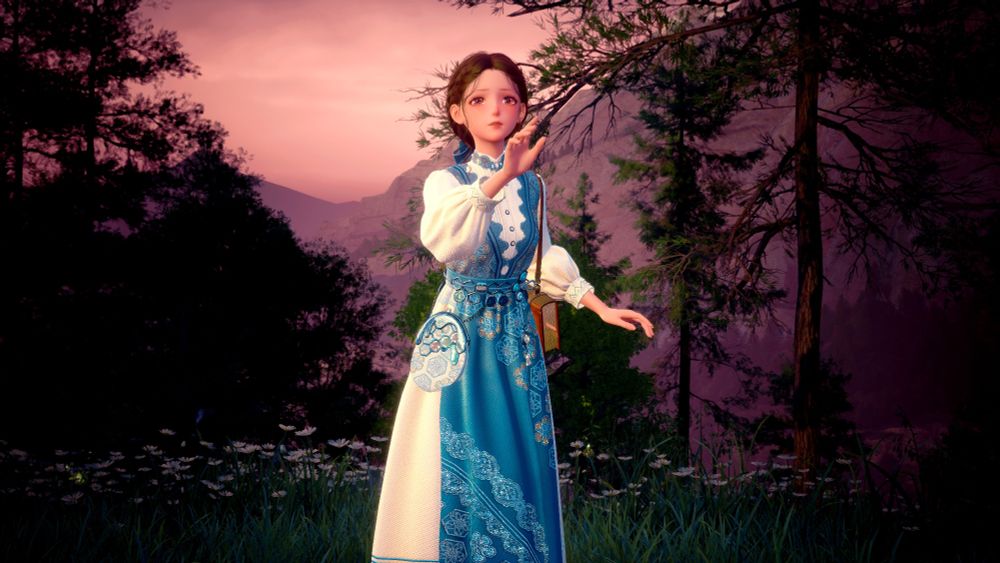 Nikki from Infinity Nikki on a mountain top in a white dress with a blue apron. Her hair is brown and pulled back in a low pony tail with a blue bow. She has a book purse and is reaching toward the sky.