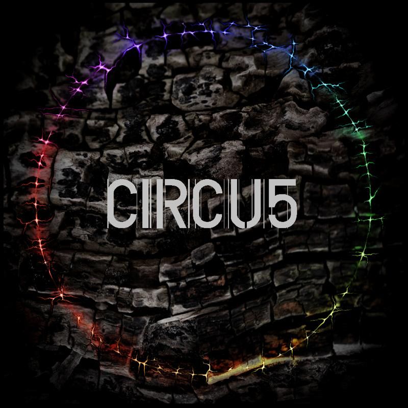 Cover artwork for the 2025 album "Clockwork Tulpa", by Circu5. It shows a black & grey textured background, looking like cracked and charred tree bark. A thin multi-coloured ring is superimposed on the background. The band name appears in large white letters in the middle of the ring.