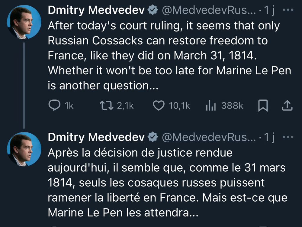 Les textes de Medvedev qui disent que ce serait mieux si les cosaques russes envahissaient la France 