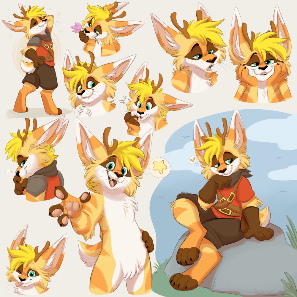 A digital page of colored doodles of a cute jackalope character