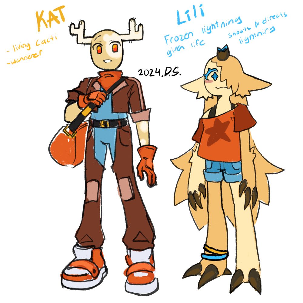 Concept sketch depicting Kat the sun bleached sentient Cactus with two branches on her head that look like antlers. Wearing a brown leather jacket & pants, with a blue undershirt, as well as an orange bandanna, bag, gloves, & shoe.

On the right is Lili a 1 month old sentient fulgurite (fossilized lightning). She is the color of sand, pale yellow beige, with one blue eye in the right side of her face, long hair down to her knees, with a broken horn & claws that are dark brown. She is wearing an old design of her red shirt with a star, blue shorts, & yellow and blue bracelets on her right ankle.