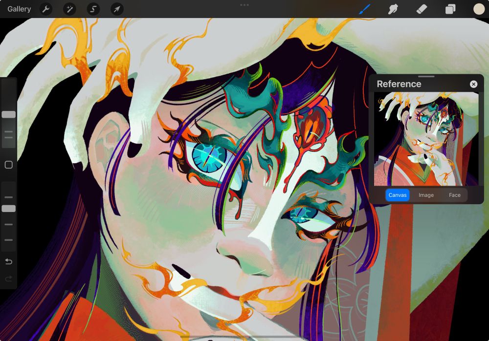 Work in progress drawing of an ethereal women with flaming eyelashes, the drawing consists of the colors: bright orange, teal, green, dark blue, and red.