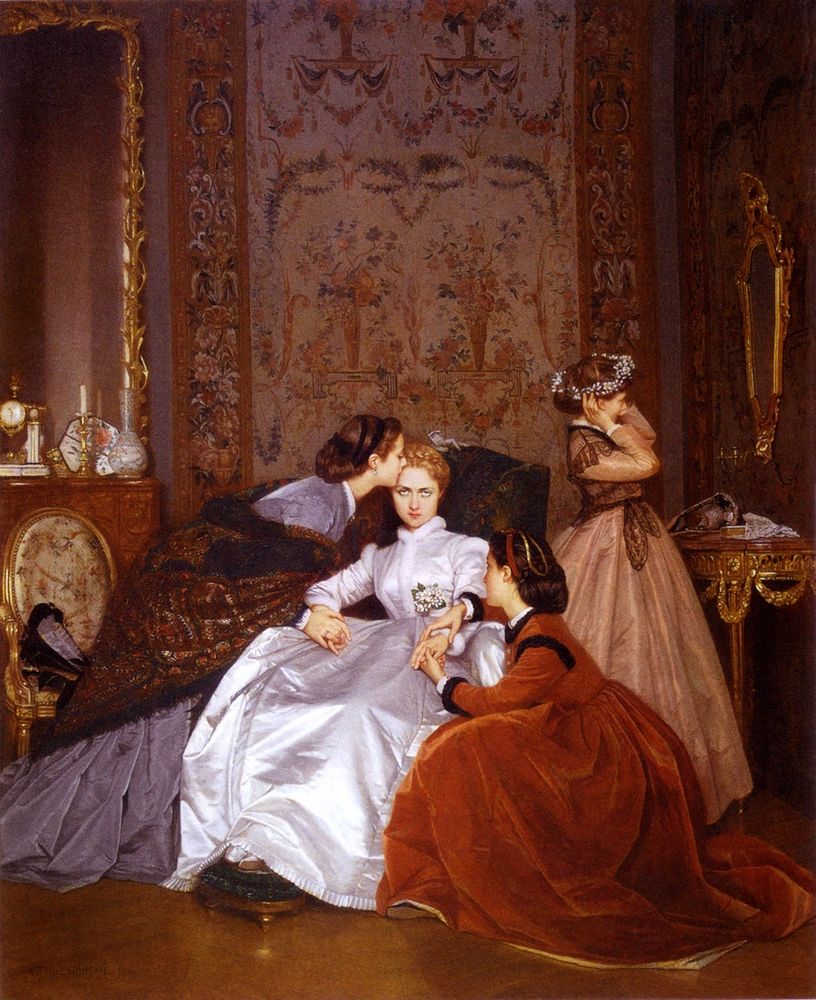 This painting shows an intimate indoor scene of four women in elegant 19th-century clothing, gathered in a richly decorated room.

In the center, a young woman dressed in a luminous white satin gown sits in an armchair, her posture upright and her face calm but serious. She holds hands with another woman kneeling in front of her, who wears a deep rust-red dress with a full skirt. At the same time, a third woman in a silvery-lavender gown leans in from the left, whispering something into her ear. The whisperer’s face is hidden, but the central woman listens with a composed expression.

Off to the right, partly turned away from the group, a fourth woman in a pale pink dress with a flower crown covers her face with one hand, as if crying or deeply moved.

The room itself feels opulent: an ornate gold-framed mirror reflects part of the scene on the left, intricate floral wallpaper covers the back wall, and a gilded table with delicate porcelain objects stands nearby. The mood is intimate and emotional, suggesting a private moment of shared feelings—perhaps of sympathy, consolation, or a significant personal event.